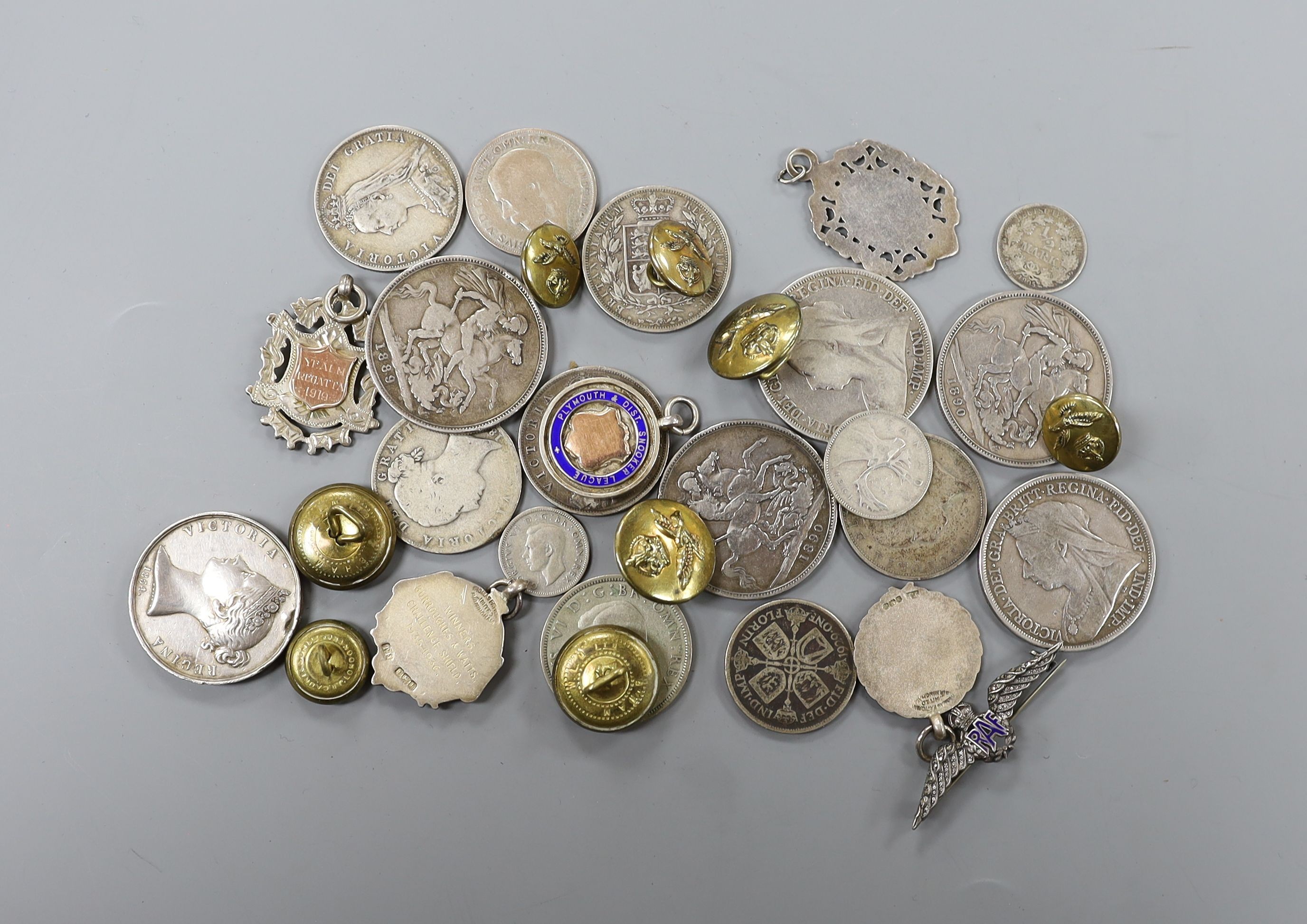 Sundry coins, buttons, RAF badge, silver race and snooker pendants etc.